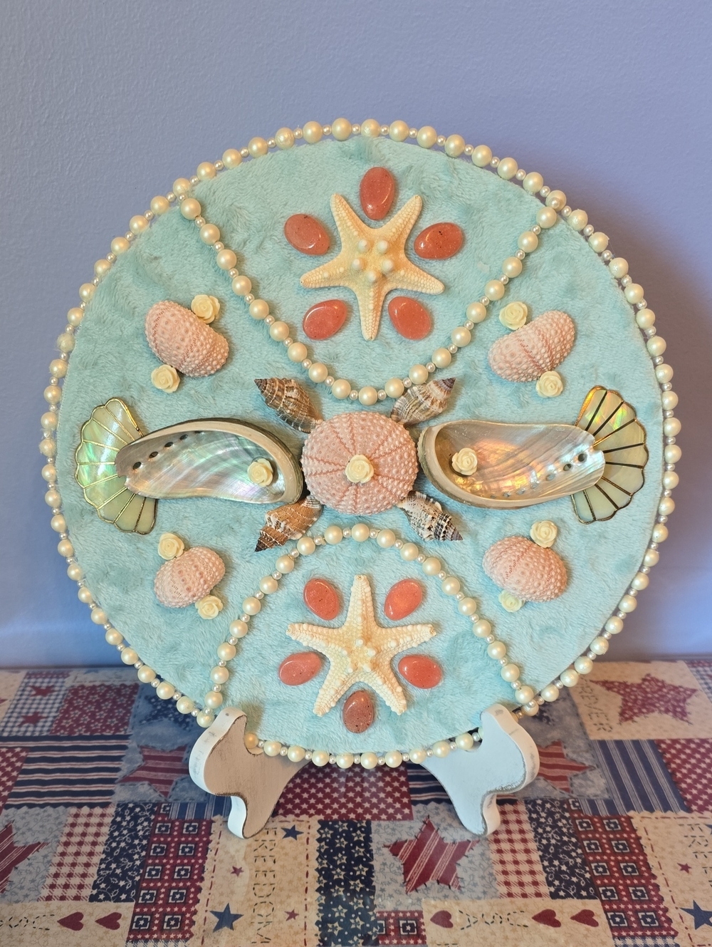 Artisan Seashell Wall/Table Art in Aqua with Pink and Pearl Accents